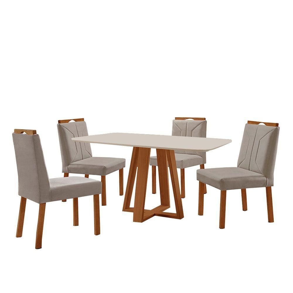 Conjunto Sala De Jantar Mesa Floripa 140x80cm Off White Com 4 Cadeiras Luna Veludo Cinza