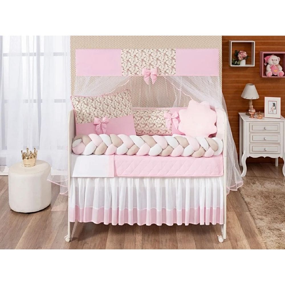 Kit Protetor de Berço Doce Bebê 14 Peças Completo - Rosa
