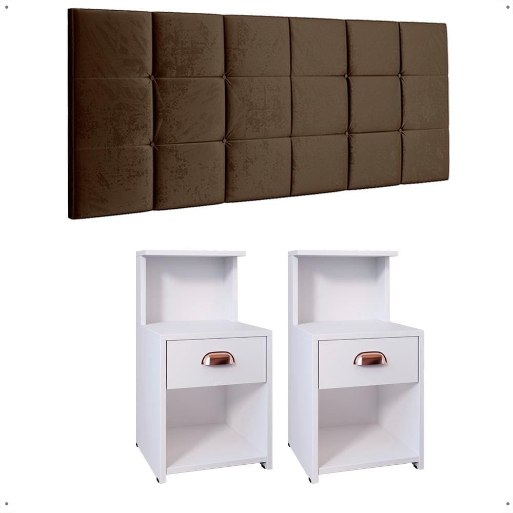 Kit Quarto 2 Mesas Cléo Branco Gaveta Nicho Prateleira Retrô Cabeceira Modulada Bia Marrom Suede Cama Box Casal Queen 1,6 - RPM