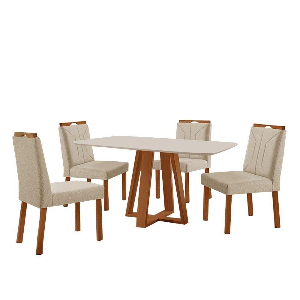 Conjunto Sala De Jantar Mesa Floripa 140x80cm Off White Com 4 Cadeiras Luna Linho Bege
