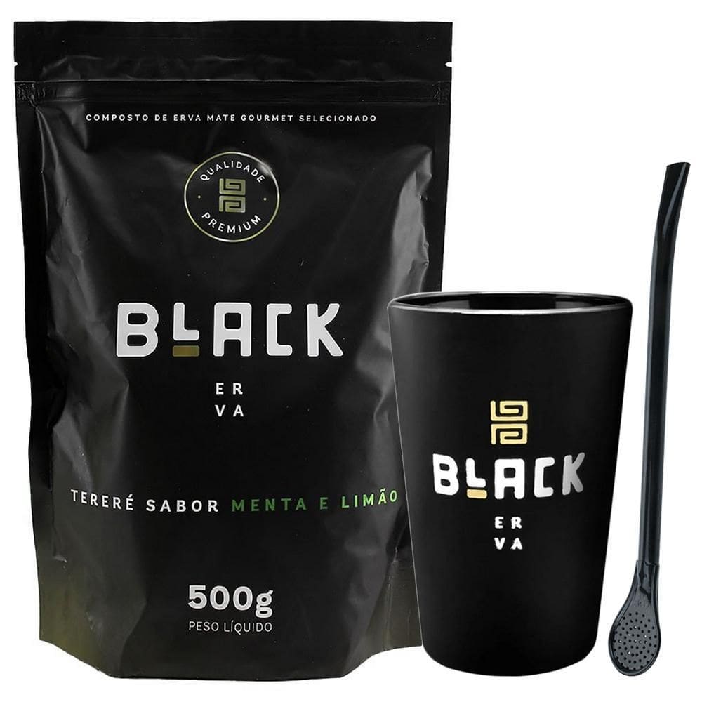 Kit Tereré Erva Menta E Limão Copo Preto E Bomba Black Erva