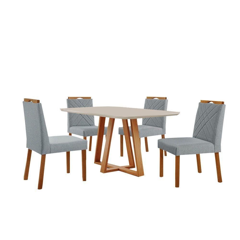 Conjunto Sala De Jantar Mesa Florença 140x80cm Off White Com 4 Cadeiras Dallas Linho Cinza