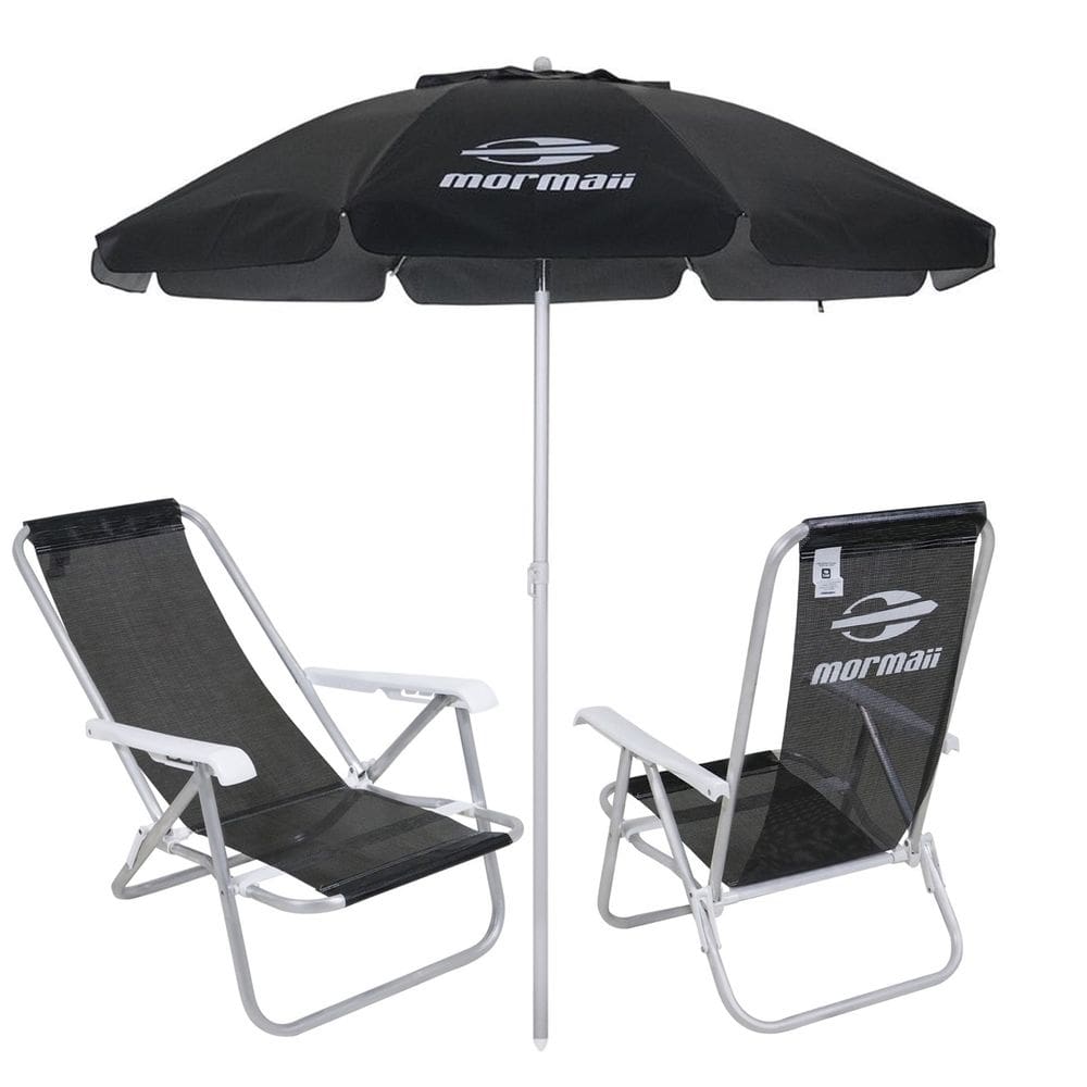 Kit 2 Cadeiras Reclinável Alumínio + Guarda Sol Bagum 2m Preto Mormaii - Belfix