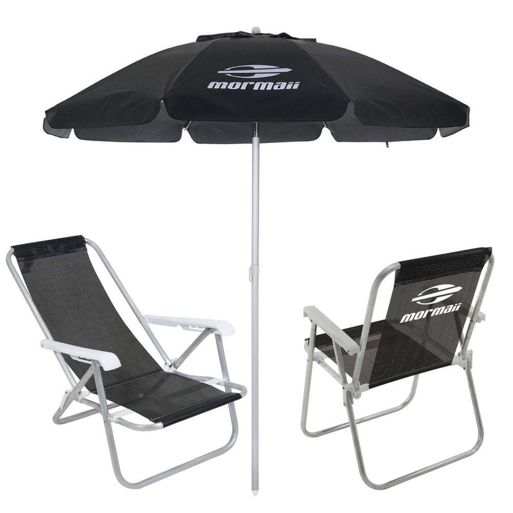 Kit 2 Cadeiras Alta e Reclinável Alumínio + Guarda Sol Bagum 2m Preto Mormaii - Belfix