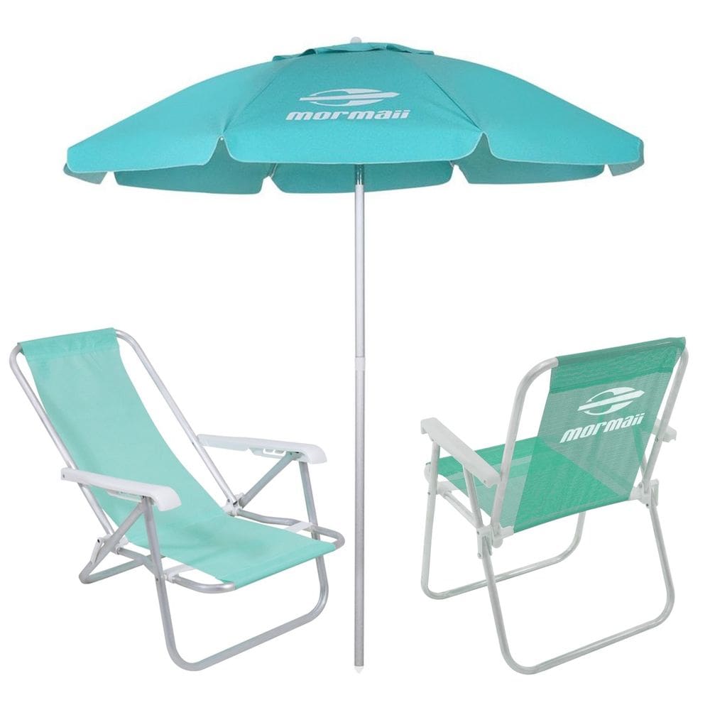 Kit 2 Cadeiras Alta e Reclinável Alumínio + Guarda Sol Bagum 2m Verde Mormaii - Belfix