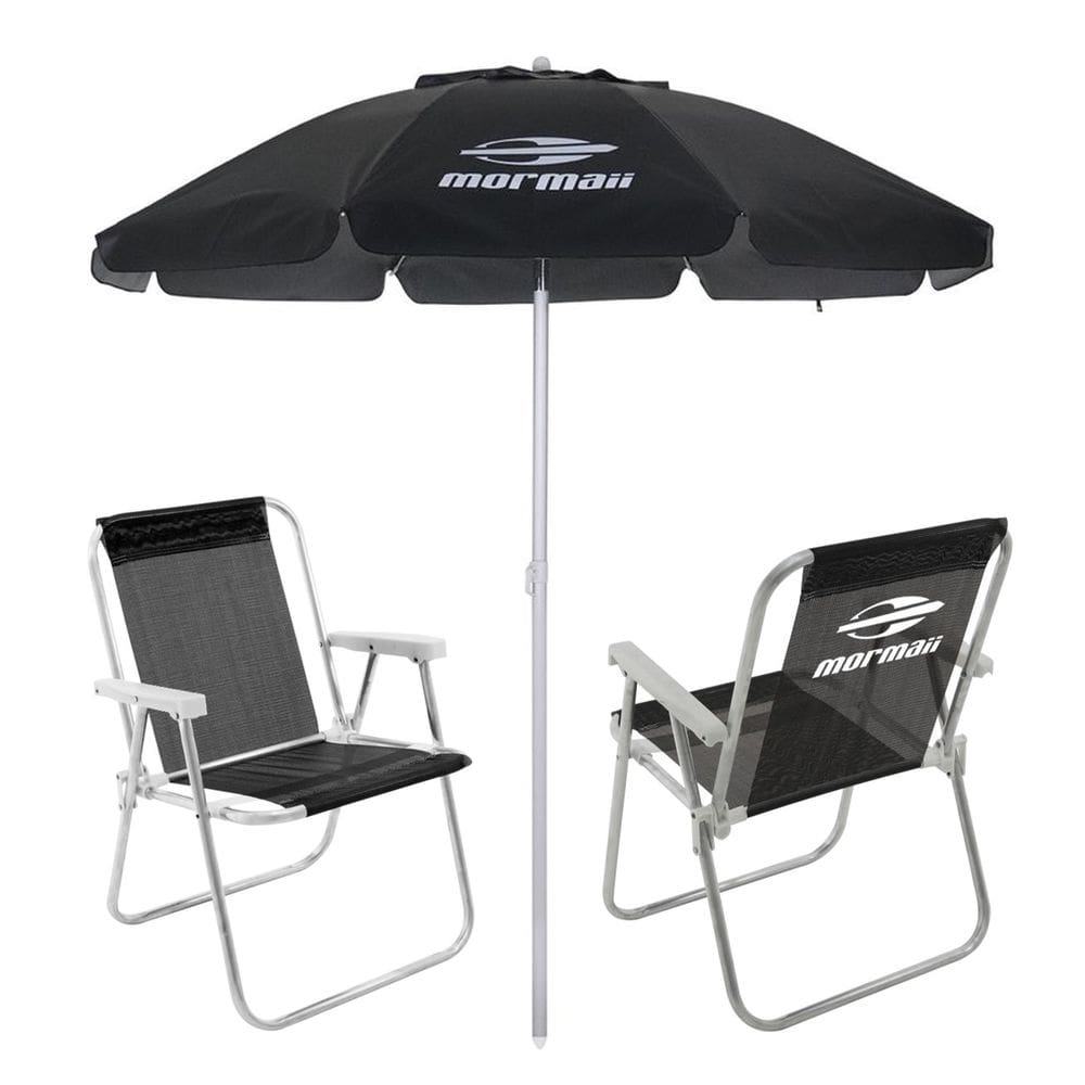 Kit 2 Cadeiras Alta Alumínio + Guarda Sol Bagum 2m Preto Mormaii - Belfix