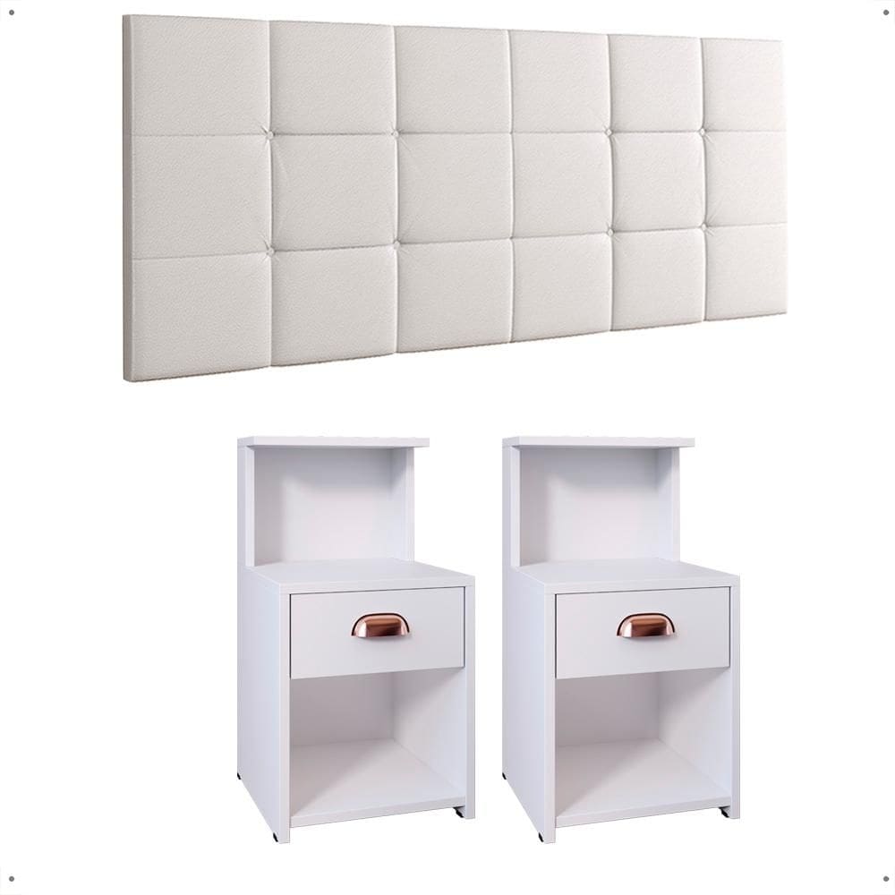 Kit Quarto 2 Mesinhas Cléo Pequena Gaveta Nicho Mudo Retrô Cabeceira Estofada Suspensa Bia Cama Box Casal Queen 1,60 - RPM
