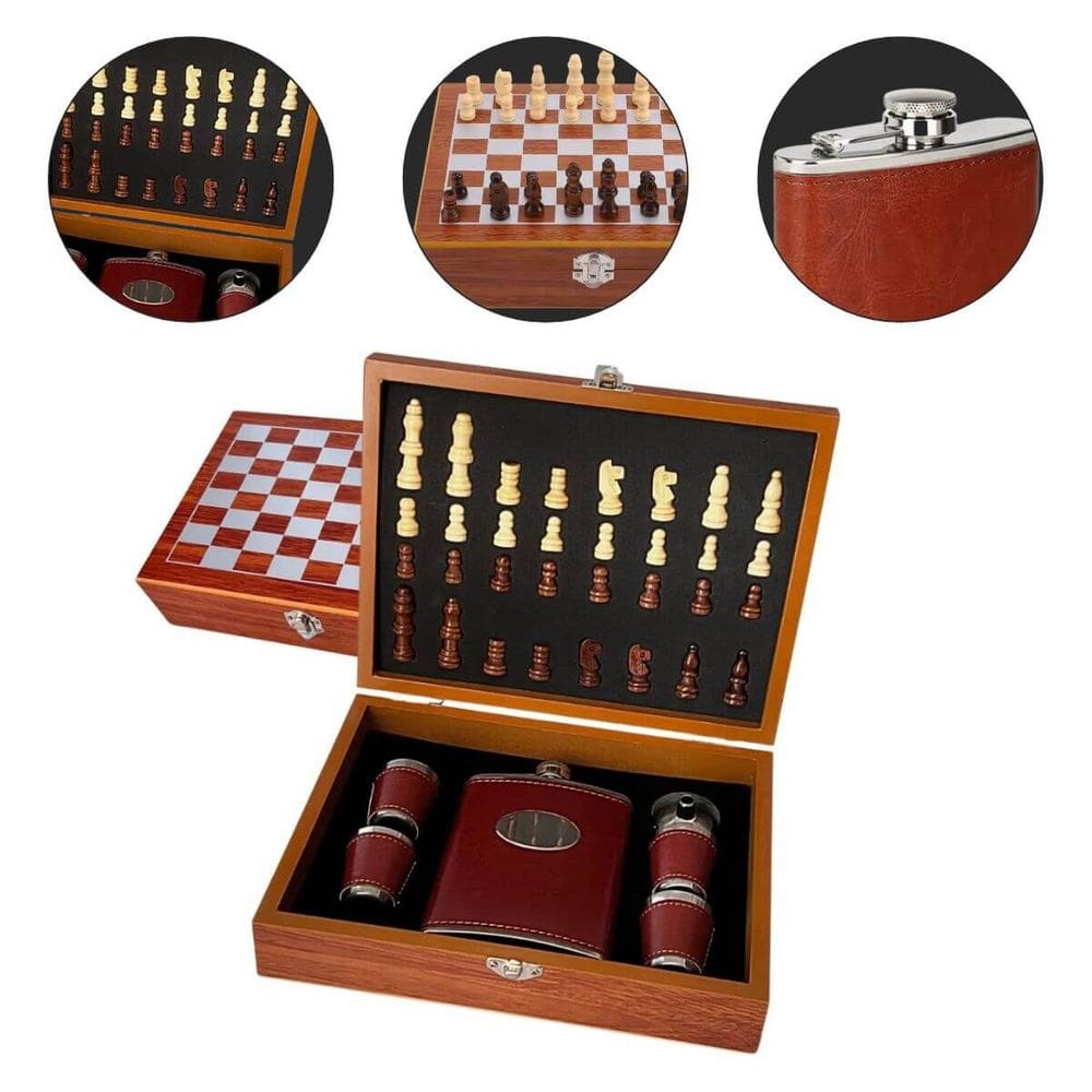 Kit Jogo de Xadrez e Porta Bebidas Cantil Tabuleiro Dobrável