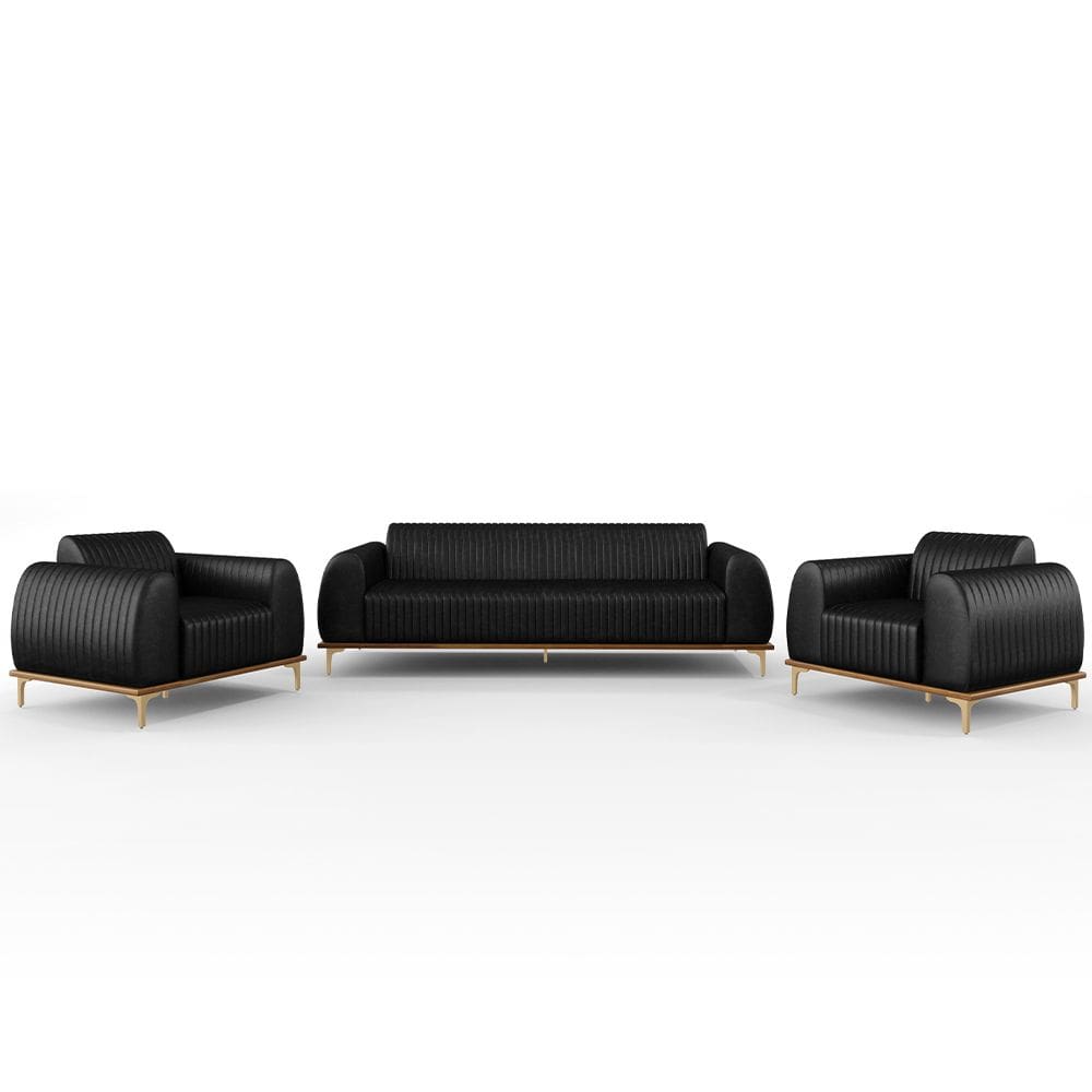Kit Sofá 3 Lugares 210cm Com 2 Poltronas Molino Pés D`ouro D02 Couríssimo Preto B-159 - Lyam Decor