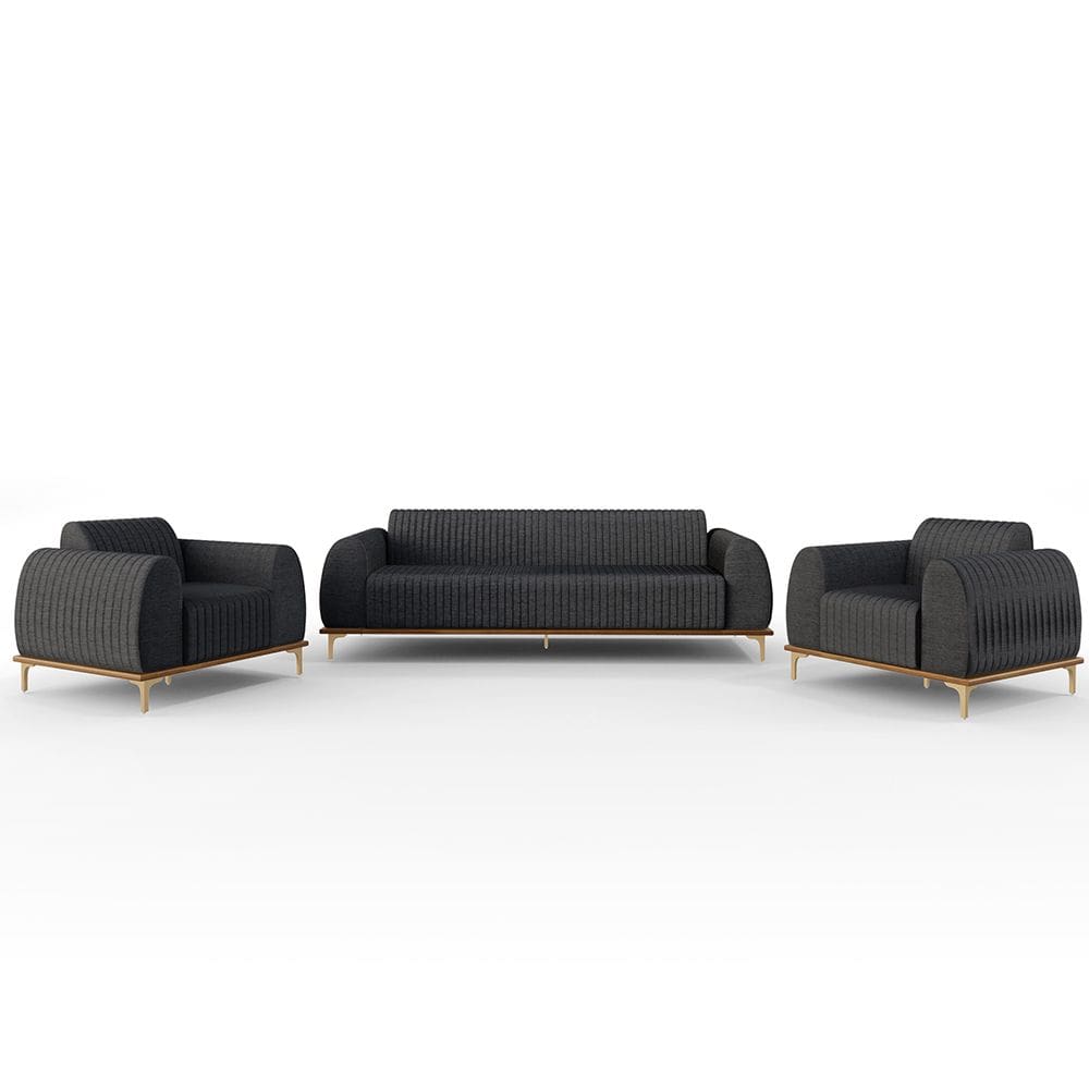 Kit Sofá 3 Lugares 210cm Com 2 Poltronas Molino Pés D`ouro D02 Linho Cinza Escuro A-420 - Lyam Decor