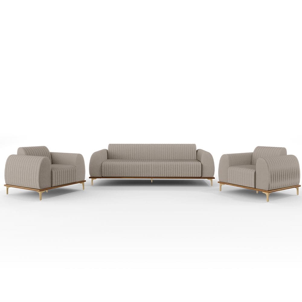 Kit Sofá 2 Lugares 150cm Com 2 Poltronas Molino Pés D`ouro D02 Linho Bege C-107 - Lyam Decor
