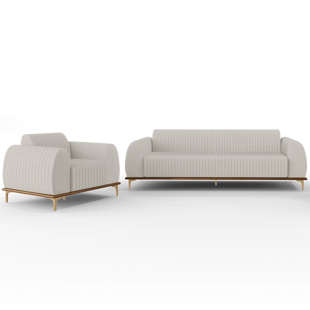 Kit Sofá 2 Lugares Sala Estar 150cm Com Poltrona Molino Pés D`ouro D02 Linho Cru C-443 - Lyam Decor