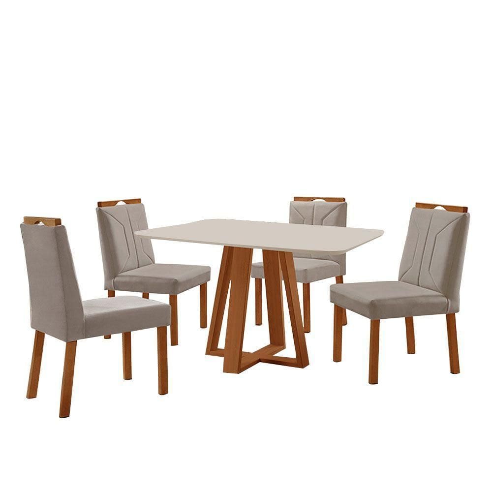 Conjunto Sala De Jantar Mesa Floripa 120x90cm Off White Com 4 Cadeiras Luna Veludo Cinza