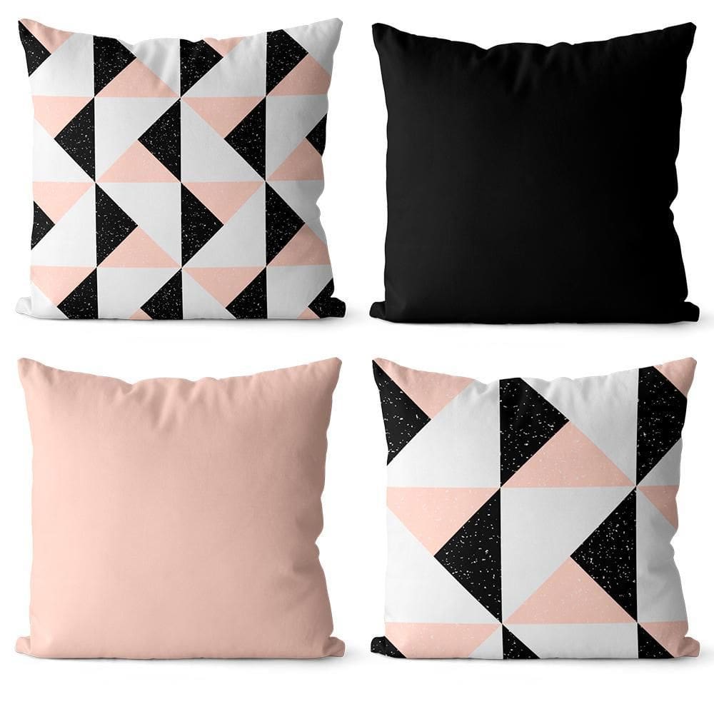 Kit 4 Capas Almofadas Decorativa Geométrica Rosa/Preto 40X40