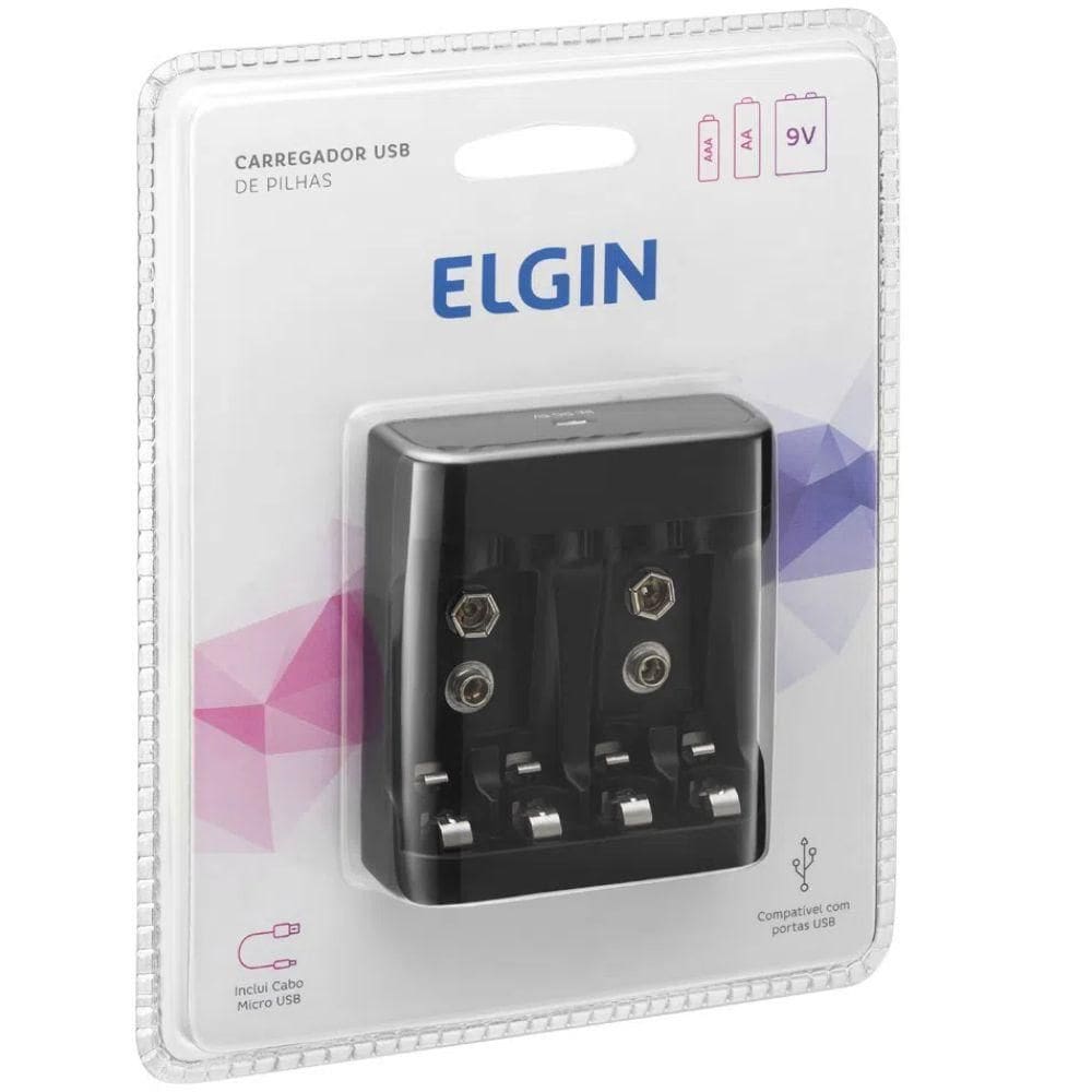 Carregador de Pilhas Elgin AA/AAA e Baterias 9v 46RSCUSB0000 Preto