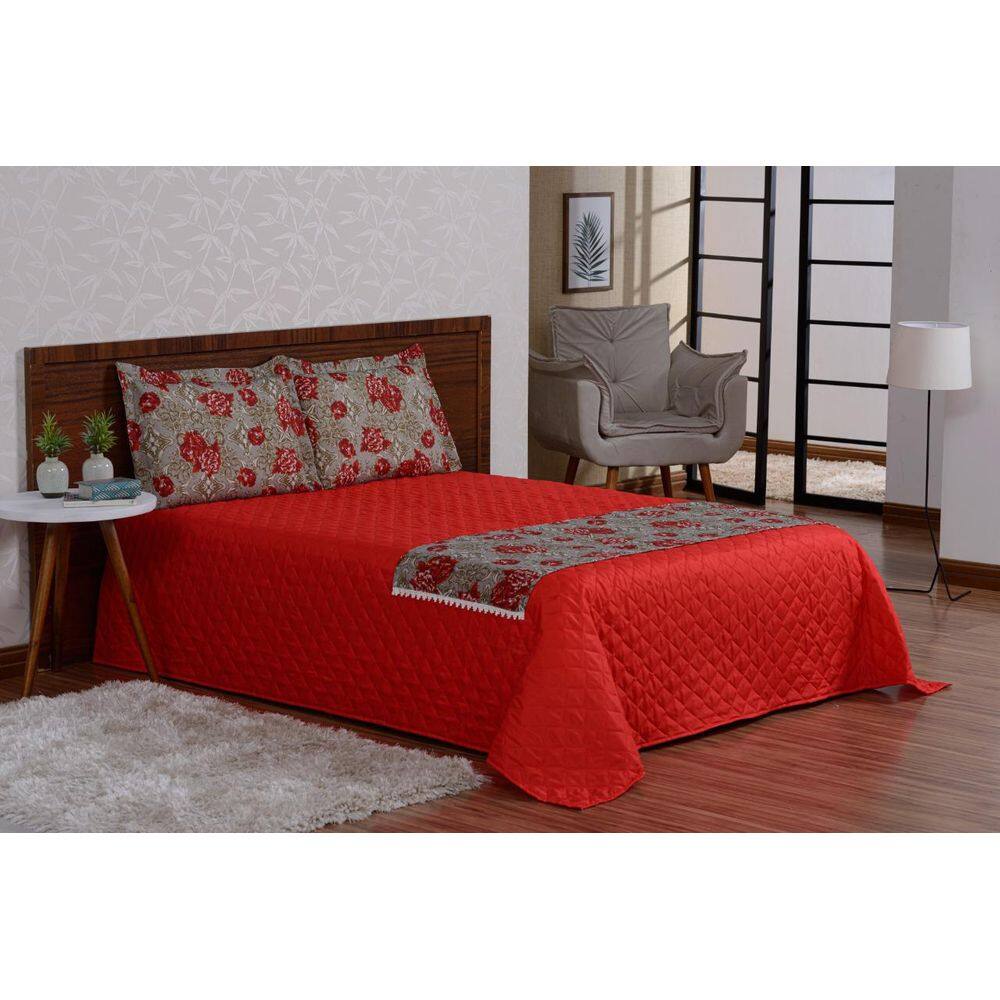 Cobre Leito Matelado Xale 5 Peças Vermelho E Lençol Casal