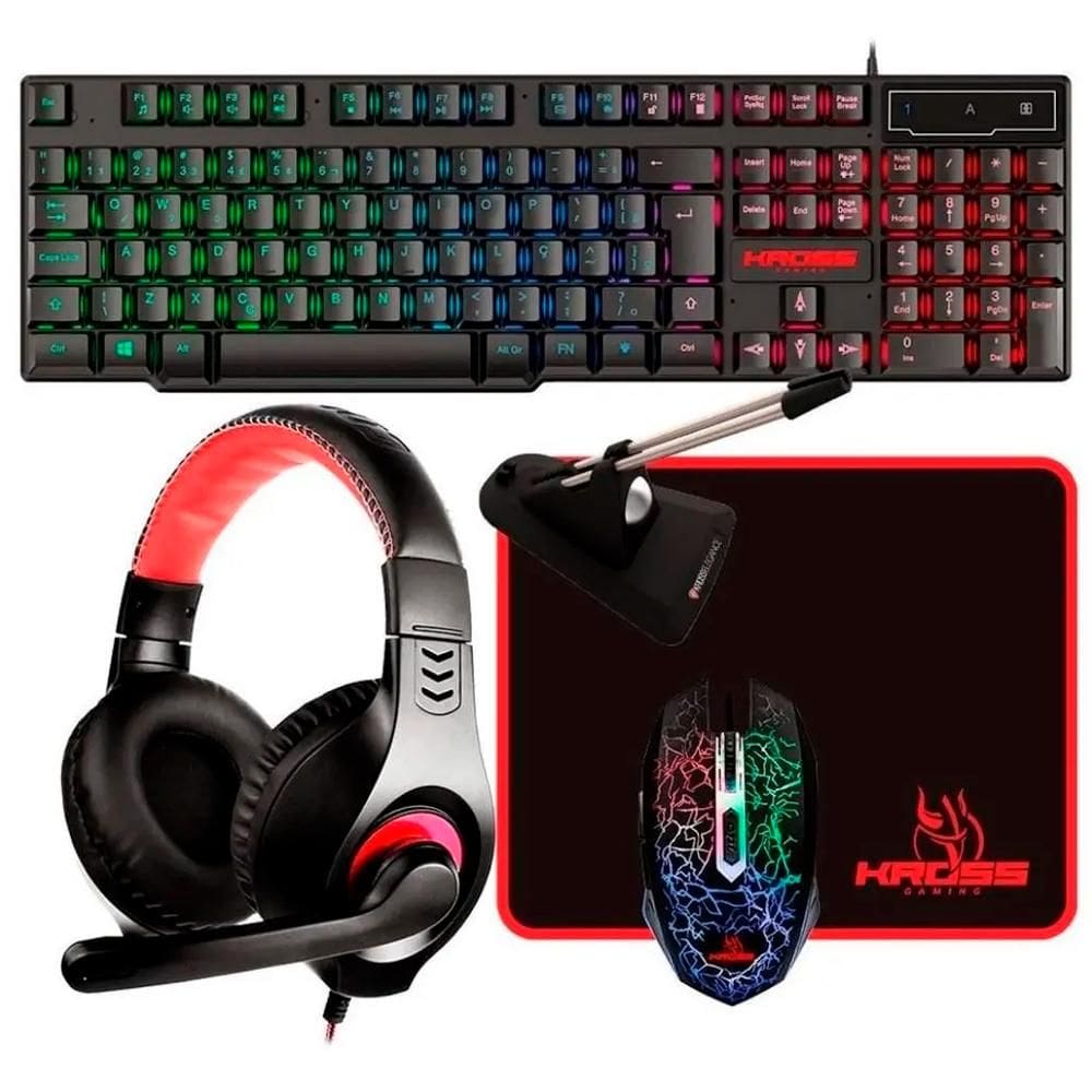 Kit Gamer Kross 5 em 1 Teclado Mouse Headset Mouse Pad e Mouse Bungee KE-GK5150