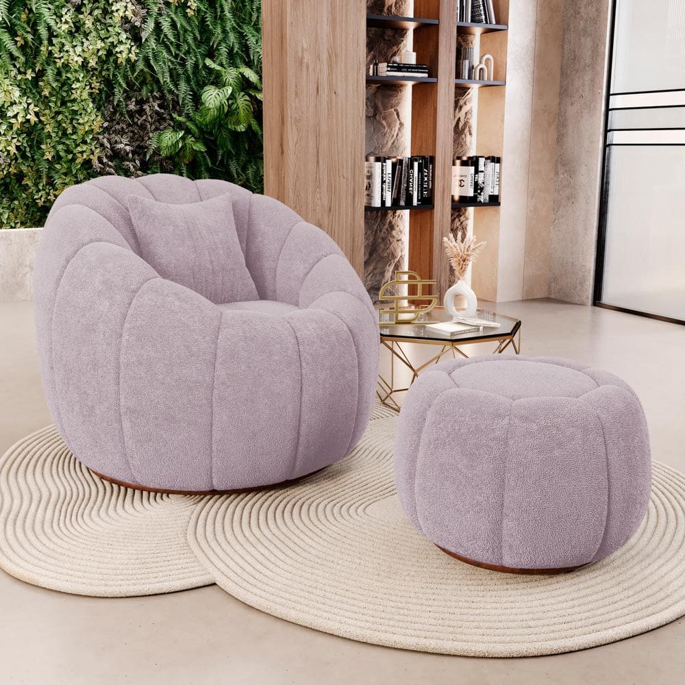 Poltrona Decorativa Concha Giratória com Puff Estilo Abóbora Shell Bouclê Rosé - Desk Design