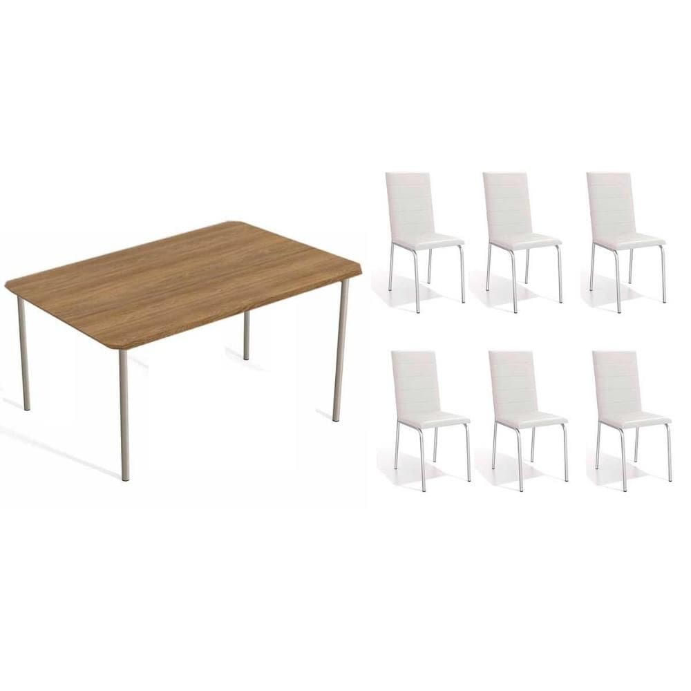 Sala de Jantar Completa Sena c/ Tampo de Madeira 1.60cm + 6 Cadeiras Amsterdã Niquel/Branco 106 - Kappesberg