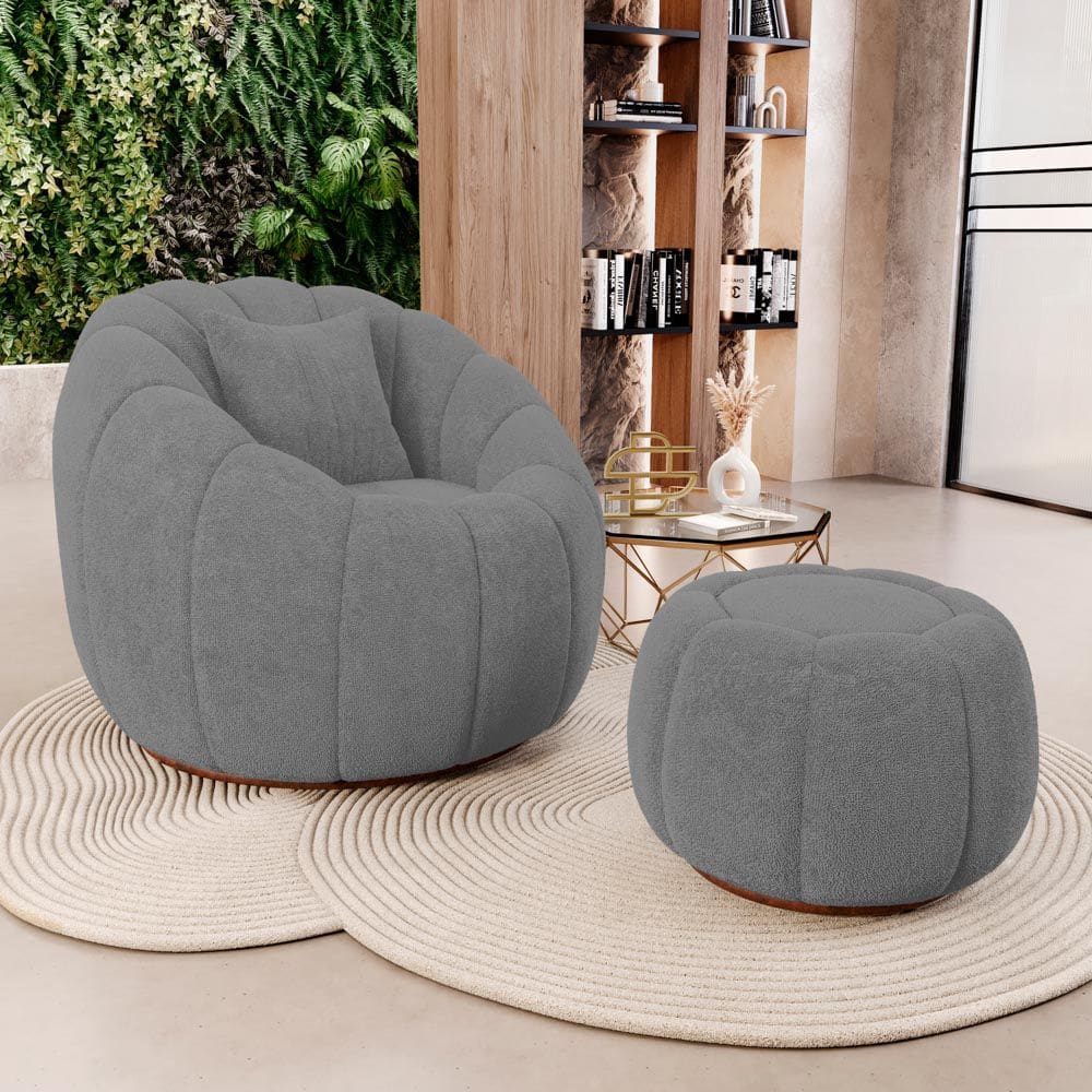 Poltrona Decorativa Concha Giratória com Puff Estilo Abóbora Shell Bouclê Cinza Escuro - Desk Design