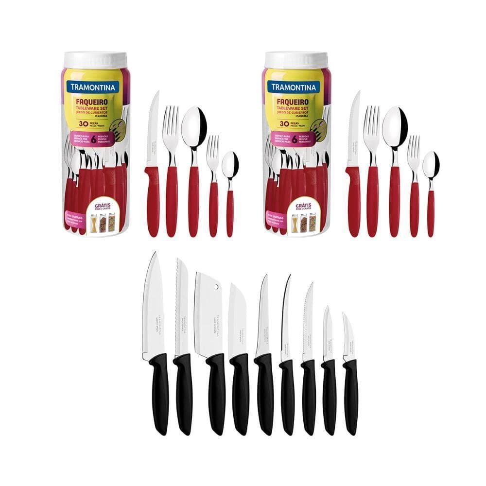 Kit 2 Faqueiro 30Peças Vermelho+Conjunto Facas 9Peças
