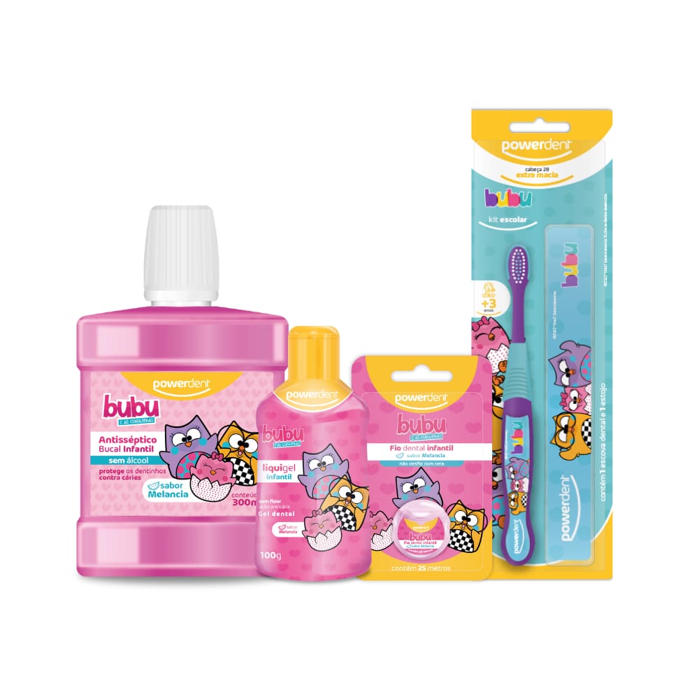 Kit Escolar + Gel Dental + Fio Dental + Antisséptico Bubu