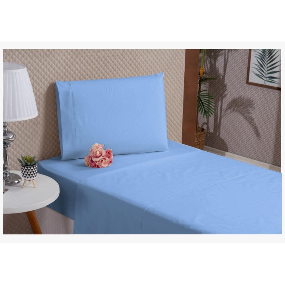 Jogo De Cama Solteiro Azul Algodão 3 Peças Lençol De Cima