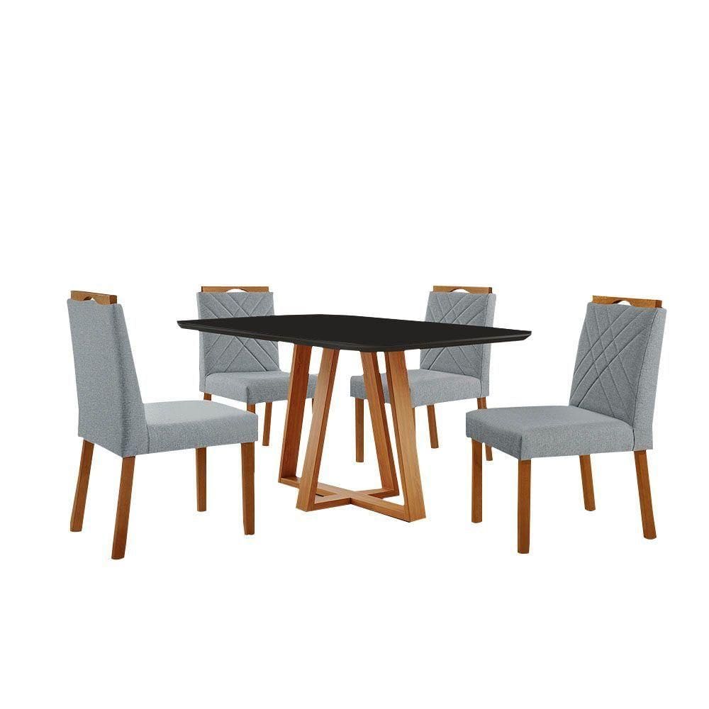 Conjunto Sala De Jantar Mesa Florença 140x80cm Preto Com 4 Cadeiras Dallas Linho Cinza