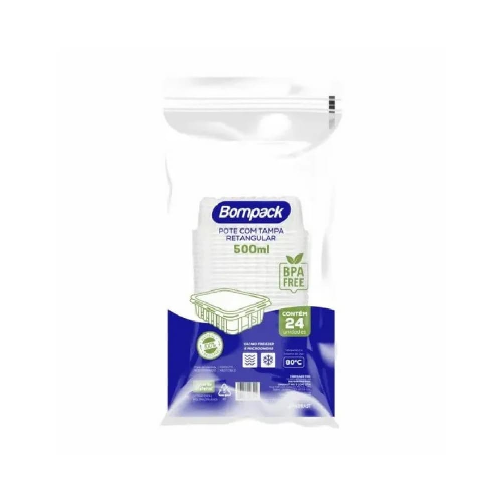 Pote Retangular Com Tampa 500Ml Bompack Com 24 Und