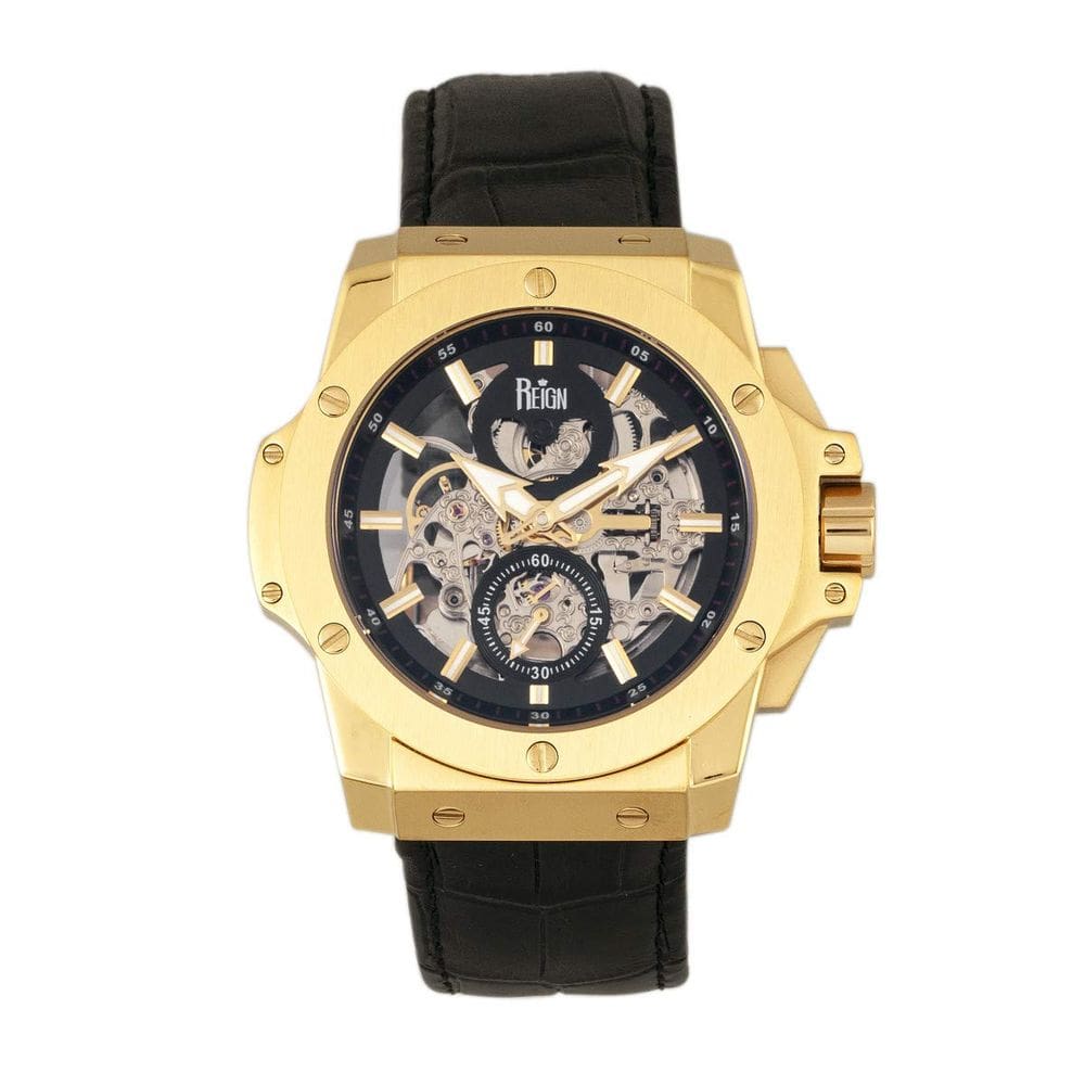 Relógio REIGN Commodus Automatic Skeleton dourado/preto em couro