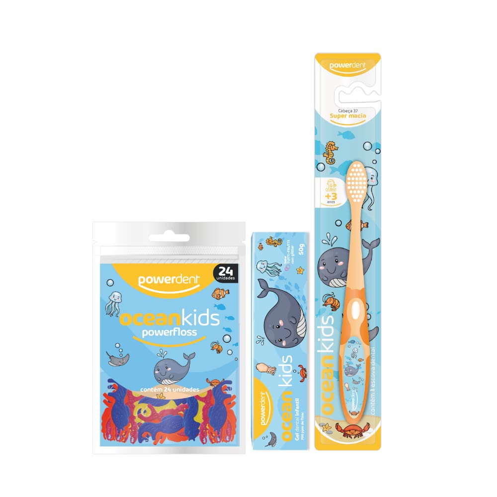 Kit Escova De Dentes + Fio Dental + Gel Dental Ocean Kids In