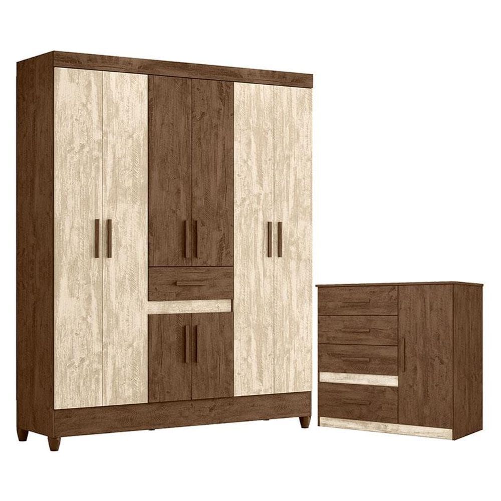 Guarda Roupa Casal Portugal e Cômoda Vênus Castanho Avelã Wood - Moval