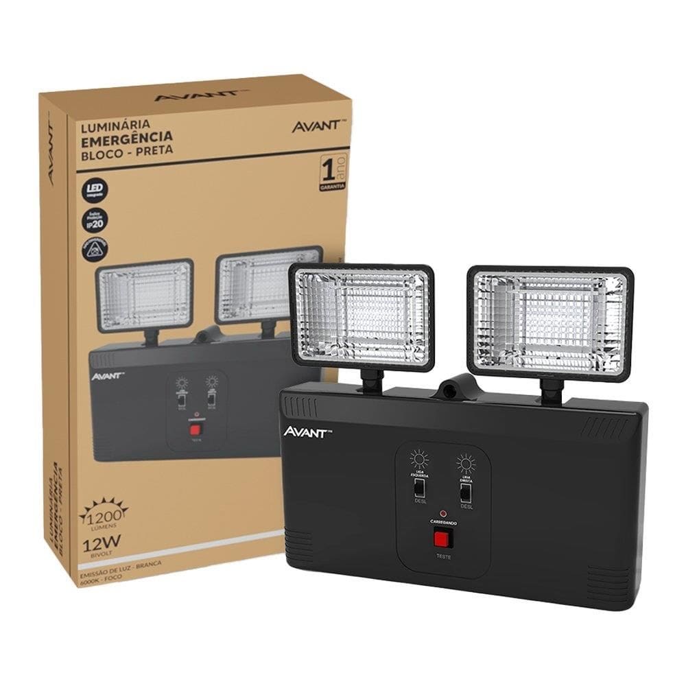 Luminária de Emergência Avant Bloco 12W 6000K 1200 Lumens Preto