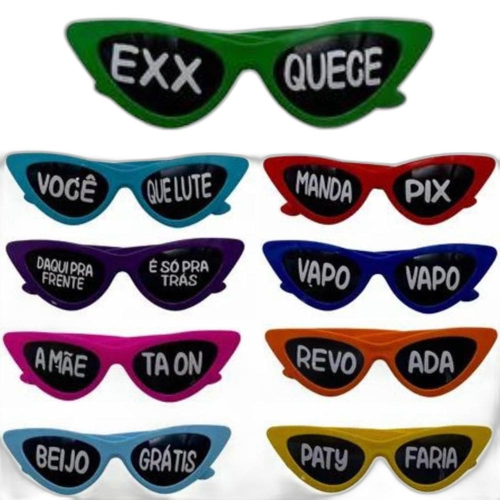 Kit 10 Óculos Gatinho Escuro Frases Festa Balada Casamento