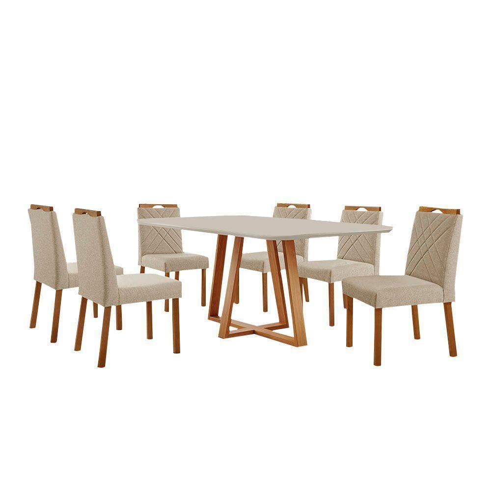 Conjunto Sala De Jantar Mesa Florença 180x90cm Off White Com 6 Cadeiras Dallas Linho Bege