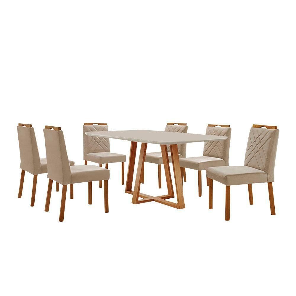 Conjunto Sala De Jantar Mesa Florença 160x90cm Off White Com 6 Cadeiras Dallas Veludo Bege