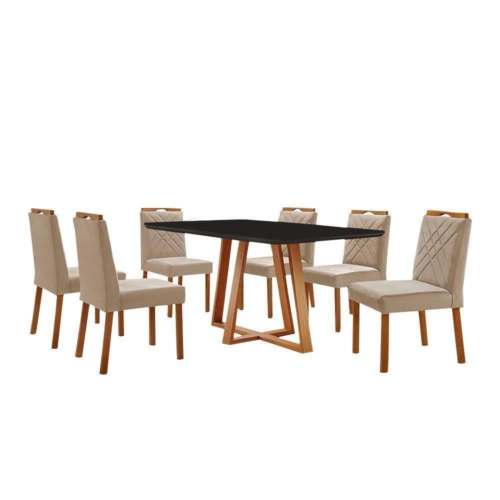 Conjunto Sala De Jantar Mesa Florença 160x90cm Preto Com 6 Cadeiras Dallas Veludo Bege