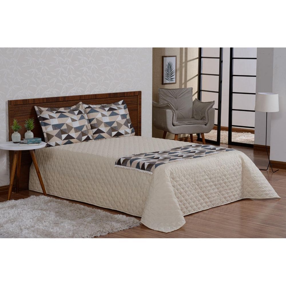 Colcha Com Xale 50% Algodão 4 Peças Valencia Cáqui Queen