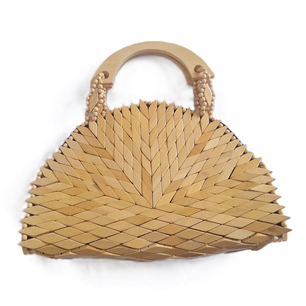 Bolsa Artesanal Semicírculo Madeira Clara Alça de Mão