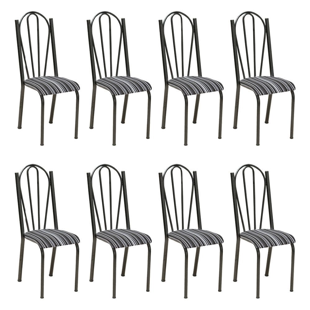 Kit 8 Cadeiras de Cozinha Alasca Estampado Preto Listrado Pés de Ferro Cromo Preto - Pallazio