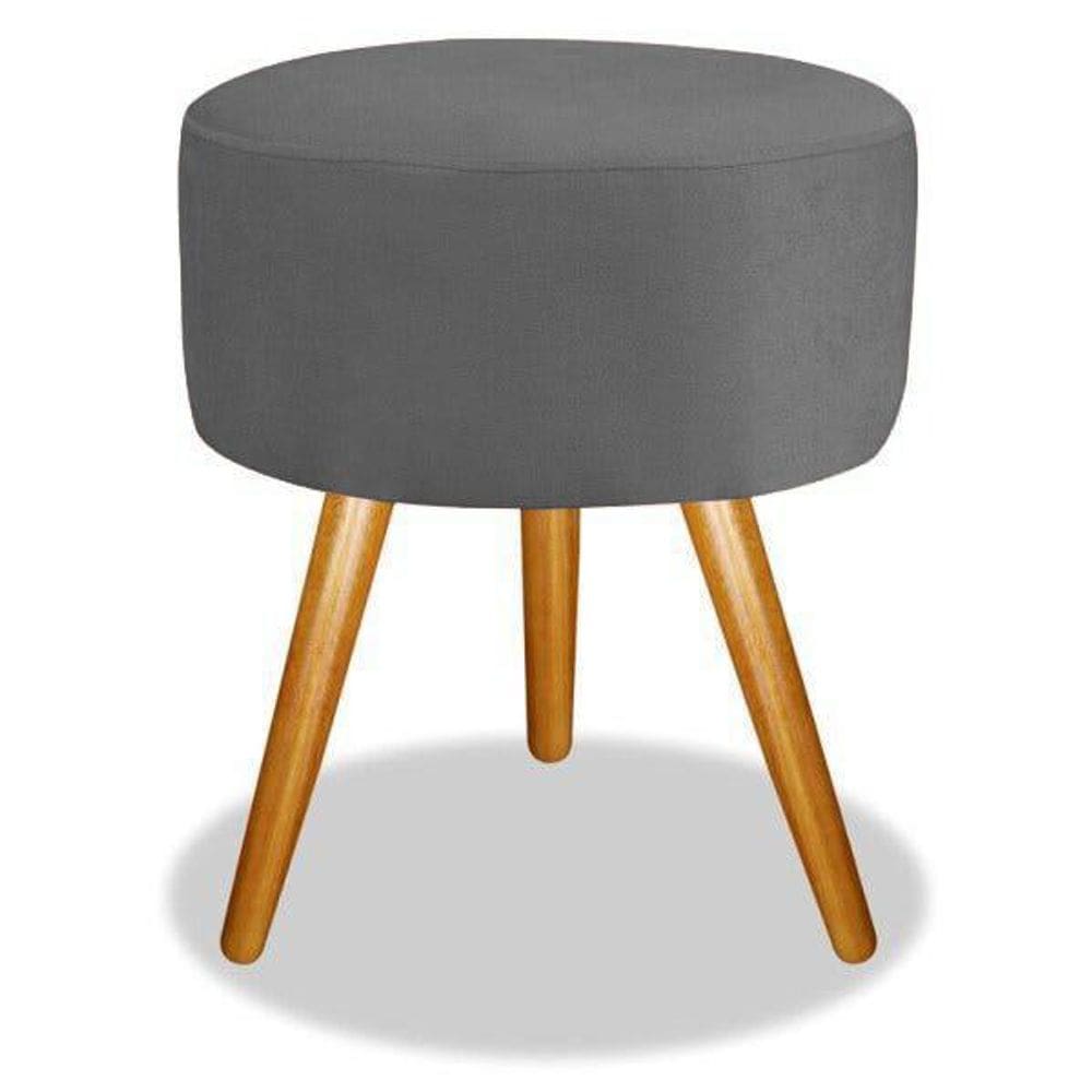 Puff Puf Banqueta Magnus Redondo Cinza Pés Castanho