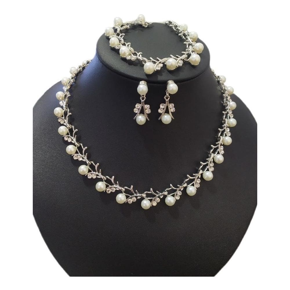 Gargantilha Colar Brinco Pulseira Noiva Prata Strass Perola