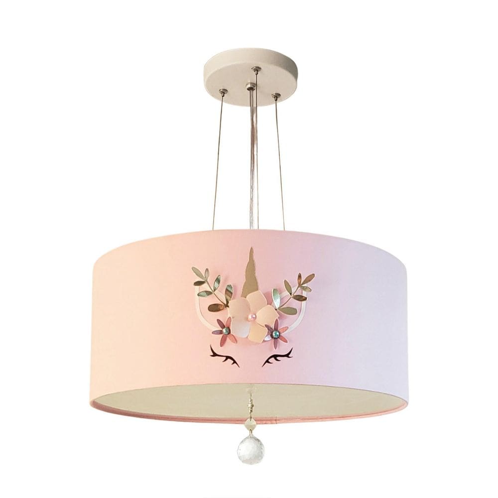 Luminária Pendente 30X15Cm Com Cristal Modelo Unicórnio Rosa