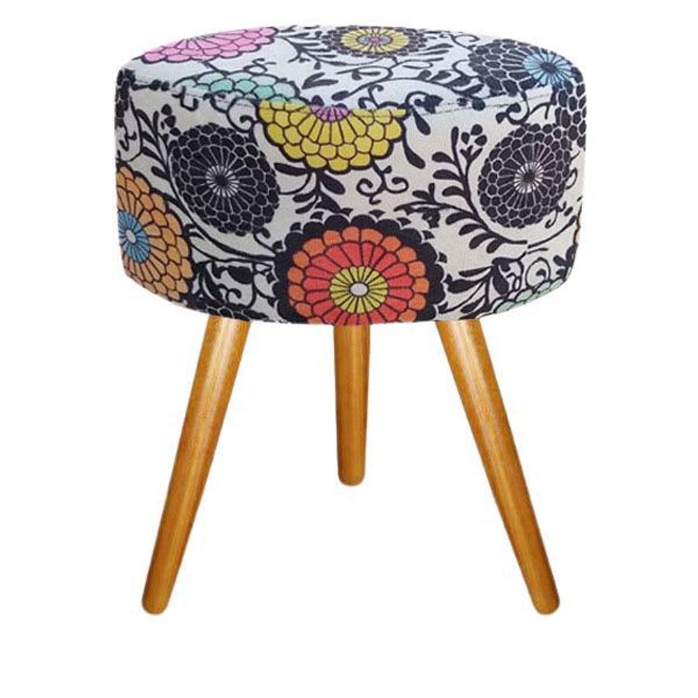 Puff Banqueta Magnus Redondo Mandala Clara Pés Castanho Top