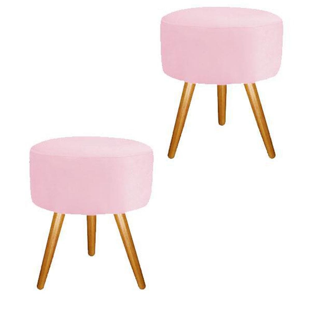 Puf Kit 2 Pufes Pé Palito Banqueta Suede Rosa Bebê