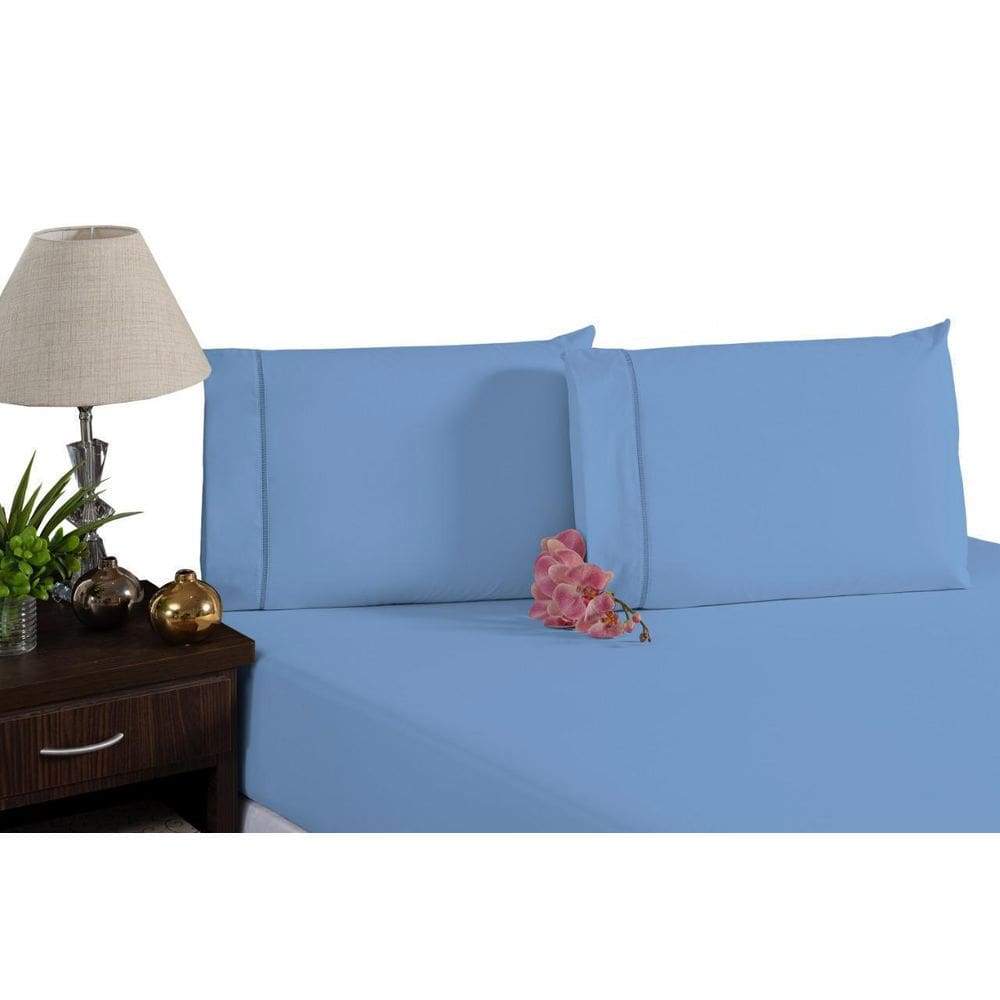 Jogo De Lençol Elástico E Fronhas Percal Algodão Azul