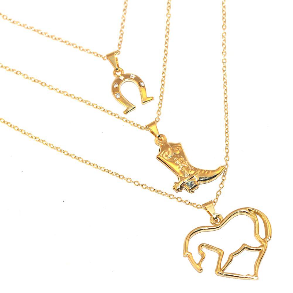 Cordão Triplo Country Comitiva Bota Cavalo Folheado Ouro 18k