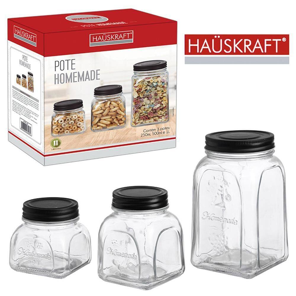 Conjunto De Pote De Vidro Com Tampa Hermética Preto 3 Peças