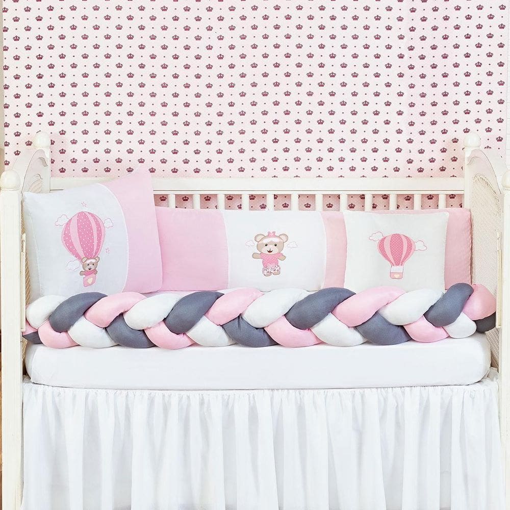 Kit Berço Urso Balão 6 Peças Com Trança E Lateral Rosa
