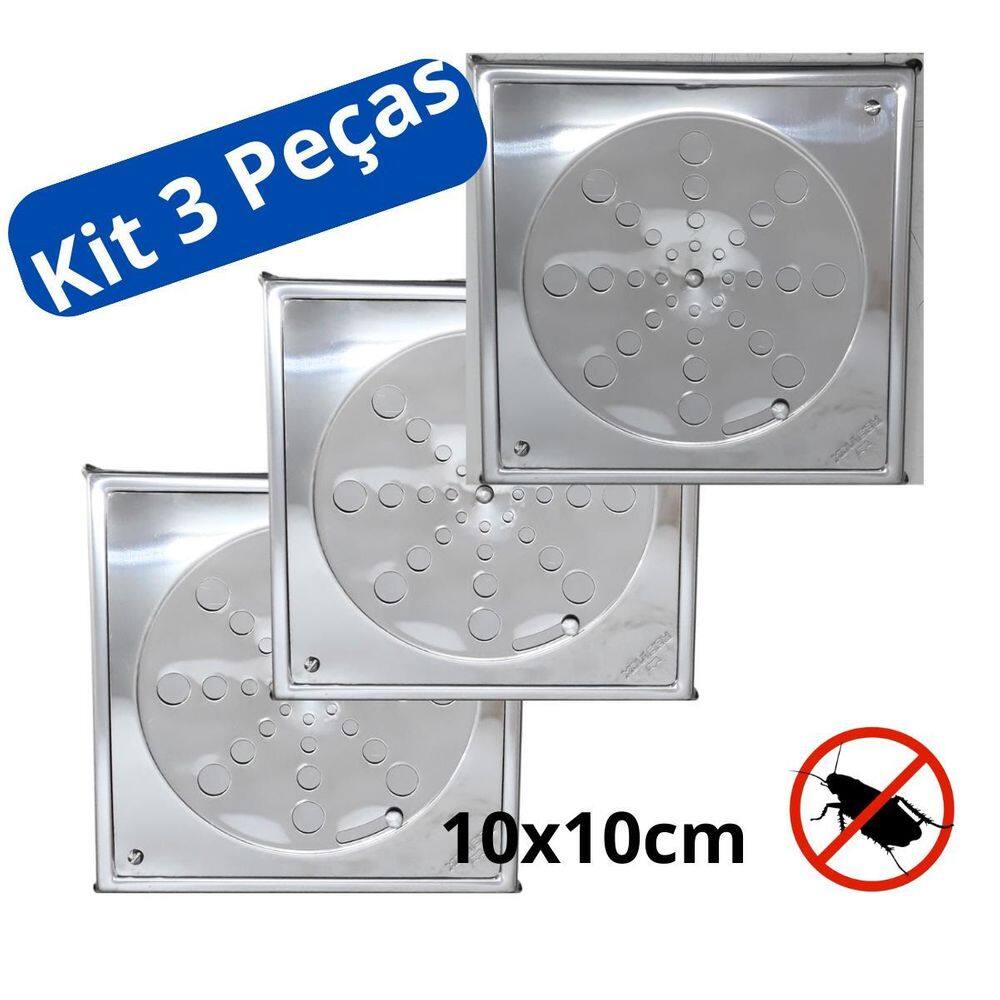 Kit 3 Tampa Ralo Grelha Inox Quadrado Banheiro Cozinha 10Cm